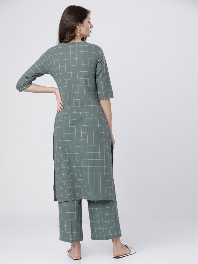 Vishudh Women Green Checked Kurta Sets 